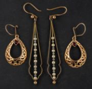 Two pairs of drop earrings, including a pair of 9ct gold,