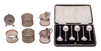 A pair of George V silver lidded drum mustards,