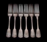 A set of six William IV silver fiddle pattern table forks, maker James Beebe, London 1836, 439gms,