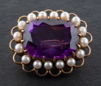 A cushion-shaped, mixed-cut, amethyst and cultured pearl cluster brooch,