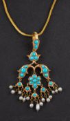 An early 20th century, round, cabochon-cut turquoise and seed pearl girandole pendant,