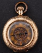 A 14ct gold engraved fob watch the gold engraved dial with Roman numerals and spade hands,