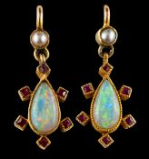 A pair of late 19th/ early 20th century, pear-shaped, cabochon-cut opal,
