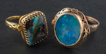 Two opal rings, including a rhomboid, boulder opal ring, length of ring head ca. 1.