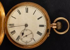 Waltham a gold-plated half-hunter pocket watch the white enamel dial with black Roman numerals,