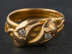A late Victorian, 18ct gold, old-cut diamond, double ouroboros ring,