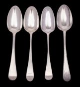 Three George II and George III Old English pattern silver tablespoons: one by W.