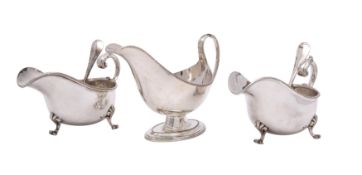 Three silver plated sauceboats all with beaded edges, one of Neo-Classical shape,