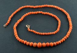 A graduated, coral bead necklace, diameter of beads ca. 3.6-8.5mms, total length ca. 51.5cms.