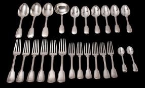 A matched Victorian silver fiddle and thread pattern part flatware service, London 1852 and 1896,