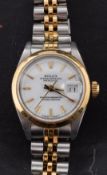 Rolex Datejust, a lady's two-tone wristwatch the white dial with raised baton numerals, baton hands,