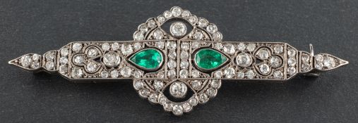 An Art Deco pear-shaped emerald, single and old-cut diamond, openwork brooch,