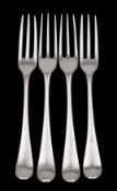 Four George II rat tail small forks, two hallmarked London 1737, the others obscured, 143gms, 4.