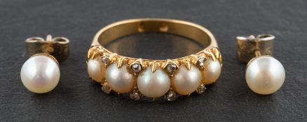 A mabe pearl, five-stone ring, with rose-cut diamond spacers, diameter of cultured pearls ca. 4.5-5.