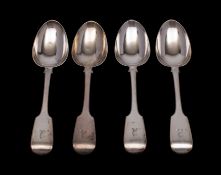 A set of four Victorian silver fiddle pattern tablespoons, maker William Eaton, London 1838, 314gms,