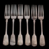 Two sets of three Victorian silver fiddle pattern dessert forks, three by makers Lias Brothers,