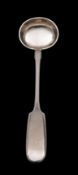 A Russian silver fiddle pattern soup ladle with plain oval bowl,