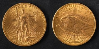 A Twenty Dollar gold coin, dated 1908, diameter ca. 34mms, total weight ca. 33.4gms.