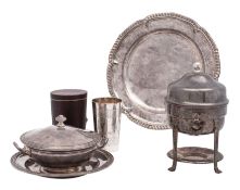 Four items of silver plate comprising of: a gold tooled leather cased beaker with gilt interior and