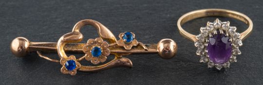 A 9ct gold ring and brooch, including an amethyst and CZ cluster ring length of ring head ca. 1.