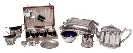 A silver plated entree dish and cover of shaped rectangular outline, with concave sides,