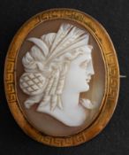 A shell cameo brooch, depicting Diana in profile, with Greek key pattern surround, stamped '9CT',