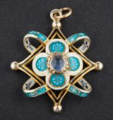 A 9ct gold, cabochon-cut moonstone, blue, white and black enamel pendant, with hallmarks for London,