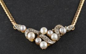 A 9ct gold, cultured pearl and single-cut diamond, herringbone-link necklace,