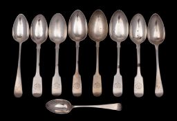 A set of three Victorian silver fiddle pattern dessert spoons, maker Robert Williams, Exeter 1839,