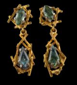 A pair of and kite shaped sapphire and marquise-shaped, probably green topaz, drop earrings,