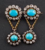 A 19th century, oval, cabochon-cut turquoise and single-cut diamond, double cluster bar brooch,