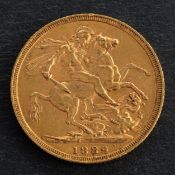 A Victorian Sovereign coin, dated 1889, diameter ca. 22.1mms, total weight ca 8gms.