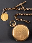 An 18ct gold hunter pocket watch with chain and coin the dial with black Roman numerals,