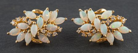 A pair of marquise-shaped, cabochon-cut opal and diamond earrings, stamped '18K',