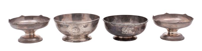 Four silver serving dishes comprising: a pair of pedestal bowls, maker Walker & Hall,