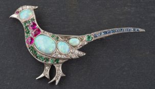 A vari-coloured, gemset pheasant brooch, including inter alia, oval, cabochon-cut opals,
