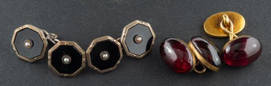Two pairs of cufflinks, including a pair of octagonal onyx and seed pearl cufflinks,