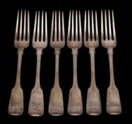 A set of six Victorian silver Fiddle pattern table forks, maker Chawner & Co.