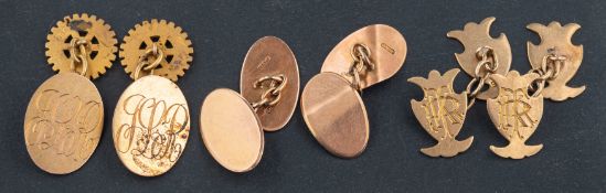 Three pairs of cufflinks, including a pair of urn-shaped cufflinks, engraved with monogram 'IKR',