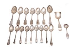 A mixed collection of silver items to include;- five fiddle pattern teaspoons, two apostle spoons,
