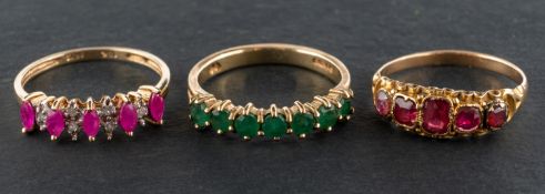 Three gemset rings, including a 9ct gold, round, mixed-cut emerald half-eternity ring,