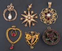 Six gemset pendants, including a 9ct gold, seed pearl,