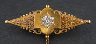 A 15ct gold, late Victorian, Etruscan revival, cannetille and single-cut diamond brooch,
