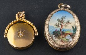 Two locket pendants, including a 9ct gold, circular, diamond set, hinged, swivel locket and an oval,