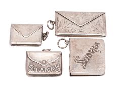 A sterling silver envelope pendant stamp case, another, makers Crisford & Norris Ltd,