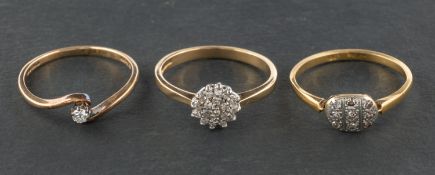 Three diamond rings, including a 9ct gold cluster ring, total estimated diamond weight ca. 0.