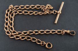 A curb-link Albert watch chain, with T-bar and dog clip, stamped '9', total length ca. 39.