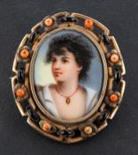 A late 19th century, probably Italian, coral and black enamel portrait miniature locket brooch,