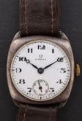 A silver Omega mid-size wristwatch the white dial with Arabic numerals, moon hands,