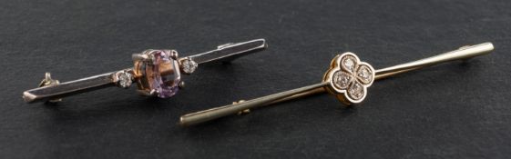 Two gemset bar brooches, including a single-cut diamond quatrefoil brooch,